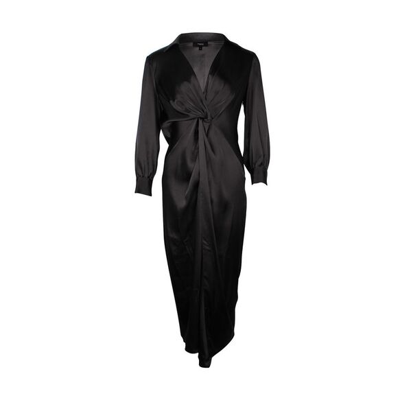Triacetate Long-Sleeve Slim Midi Collared Dress